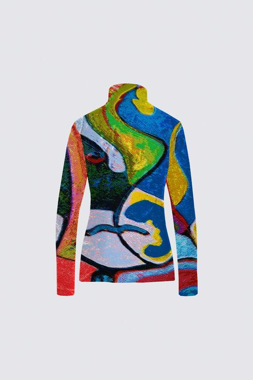 Thumbnail: Abstract art print long-sleeve crop top, bold colors, Tina Flowers, artistic clothing, ArtDivaArt
