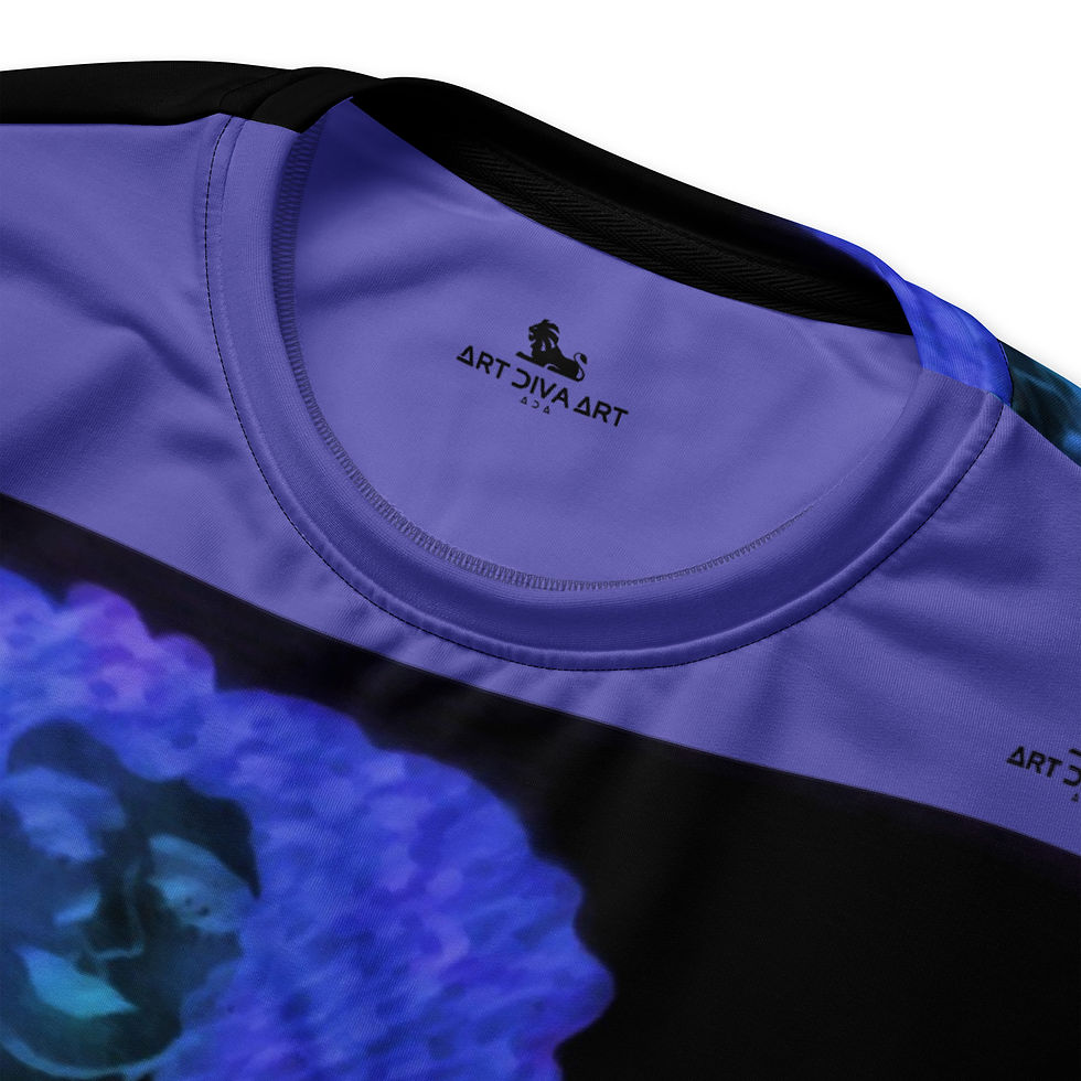 Thumbnail: Close-up of a blue and black shirt with visible text: Art Diva Art