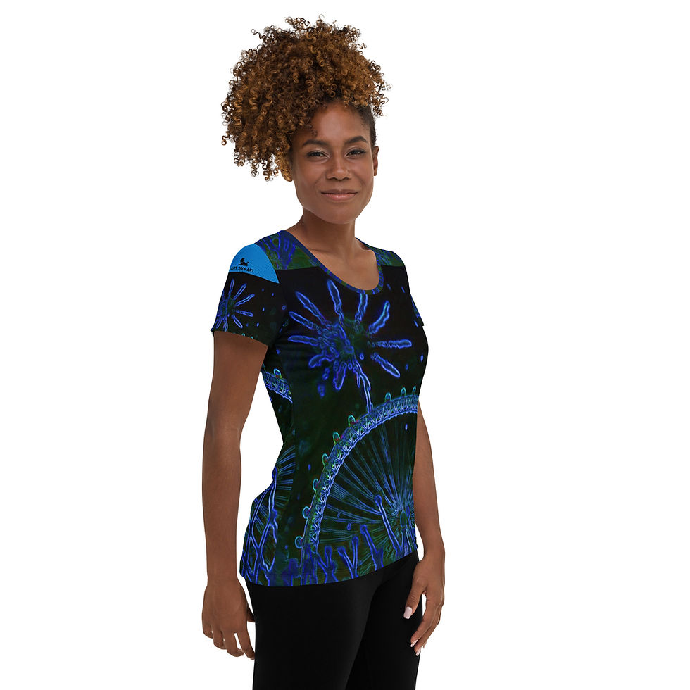 Thumbnail: Woman wearing a blue floral print top. ArtDivaArt on a white background.