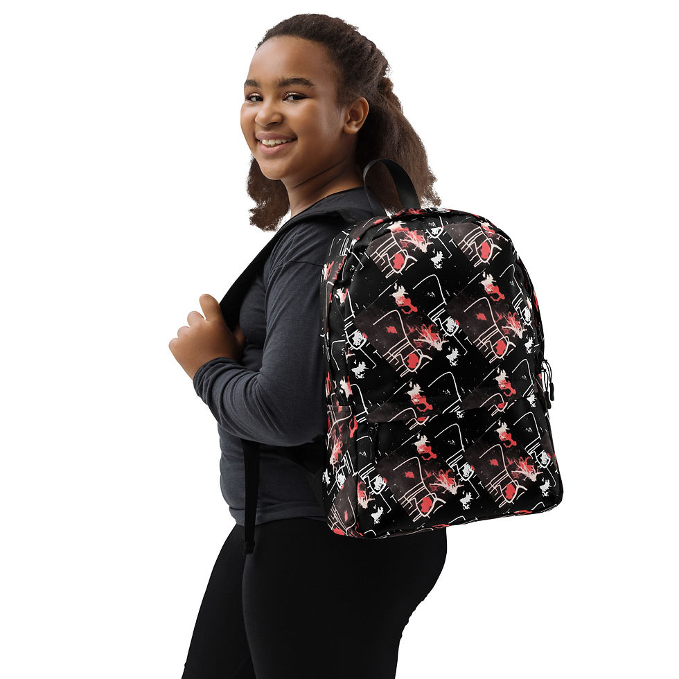 Young girl wearing a black backpack smiling, ArtDivaArt, carrying her bag.