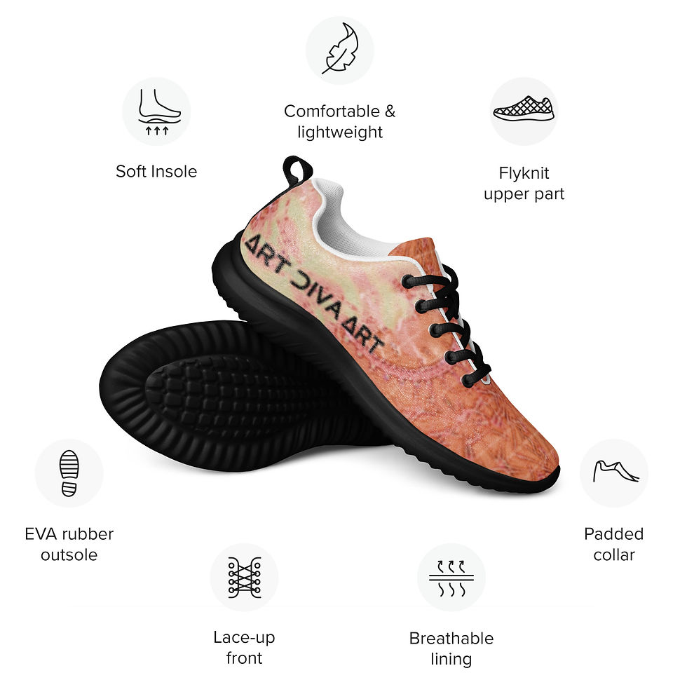 Orange sneaker with Art Diva Art text, comfortable and lightweight, breathable lining. ArtDivaArt
