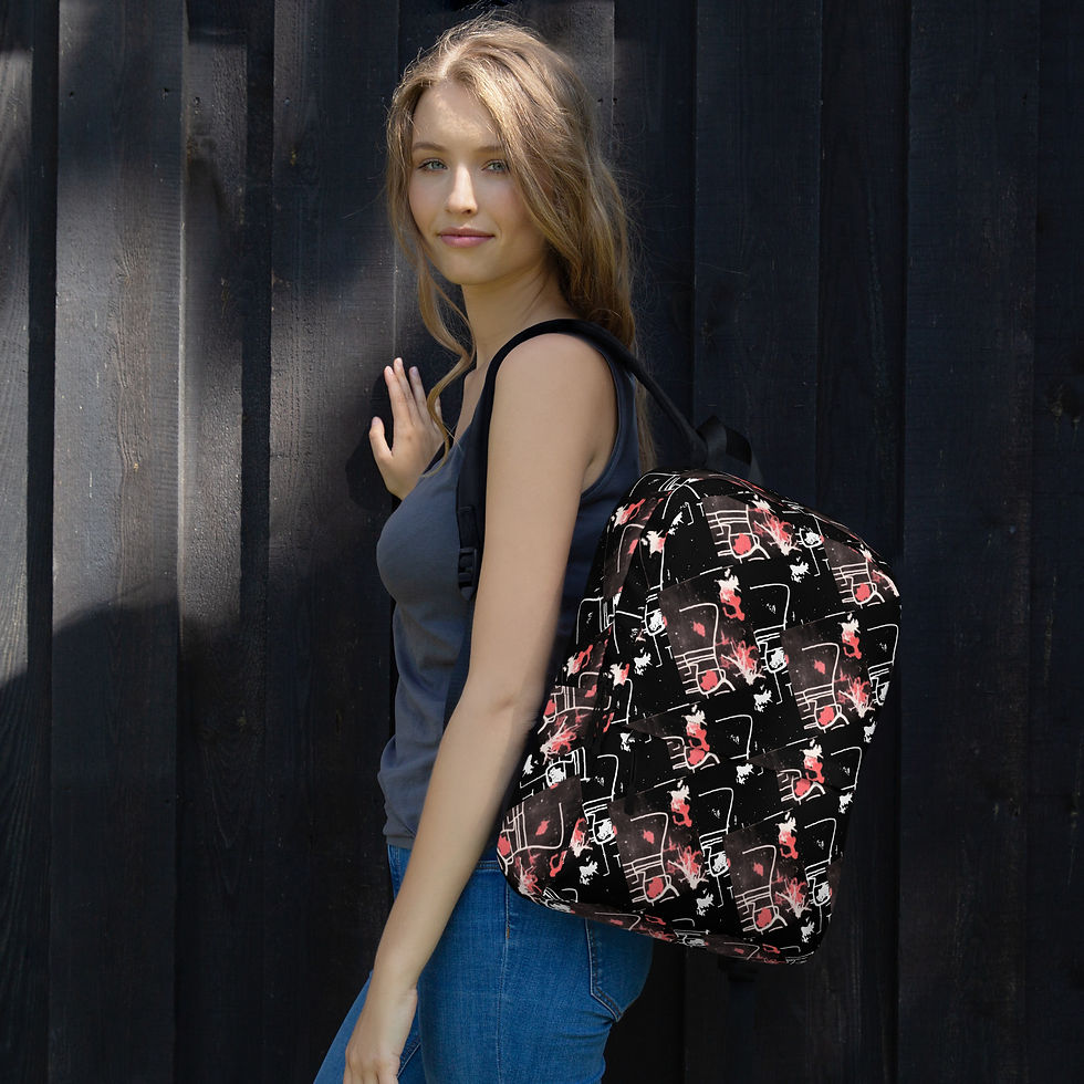 Thumbnail: Young woman wearing a backpack leaning against a dark wall ArtDivaArt.