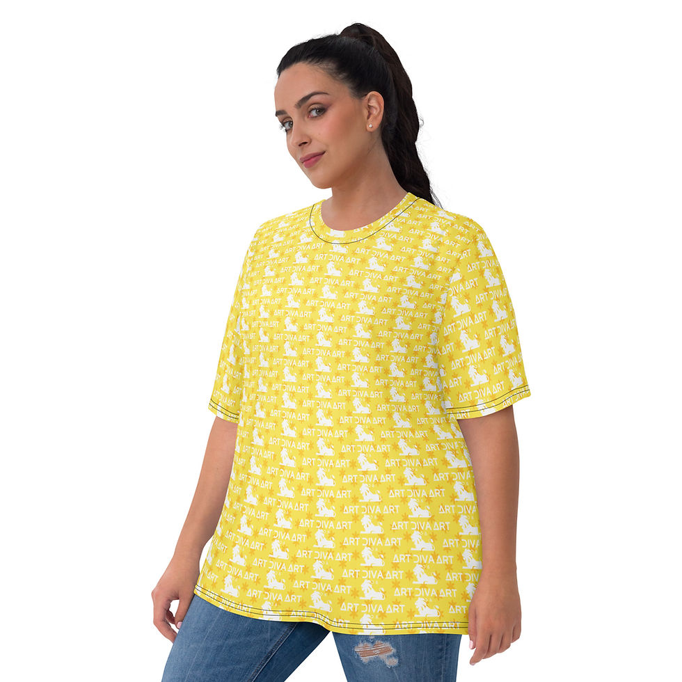 Thumbnail: Woman wearing yellow patterned t-shirt smiling Plus size model ArtDivaArt