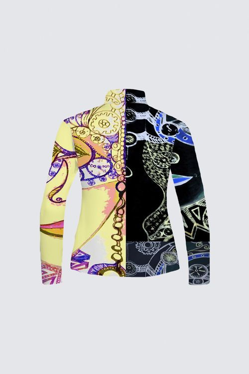 Thumbnail: Colorful patterned long sleeve top with unique design, ArtDivaArt on white background.