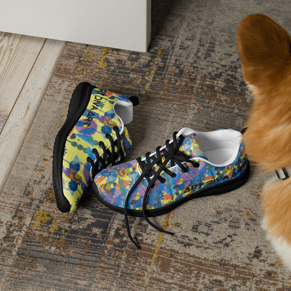 Thumbnail: Colorful sneakers with black laces beside a dog on a patterned rug. ArtDivaArt
