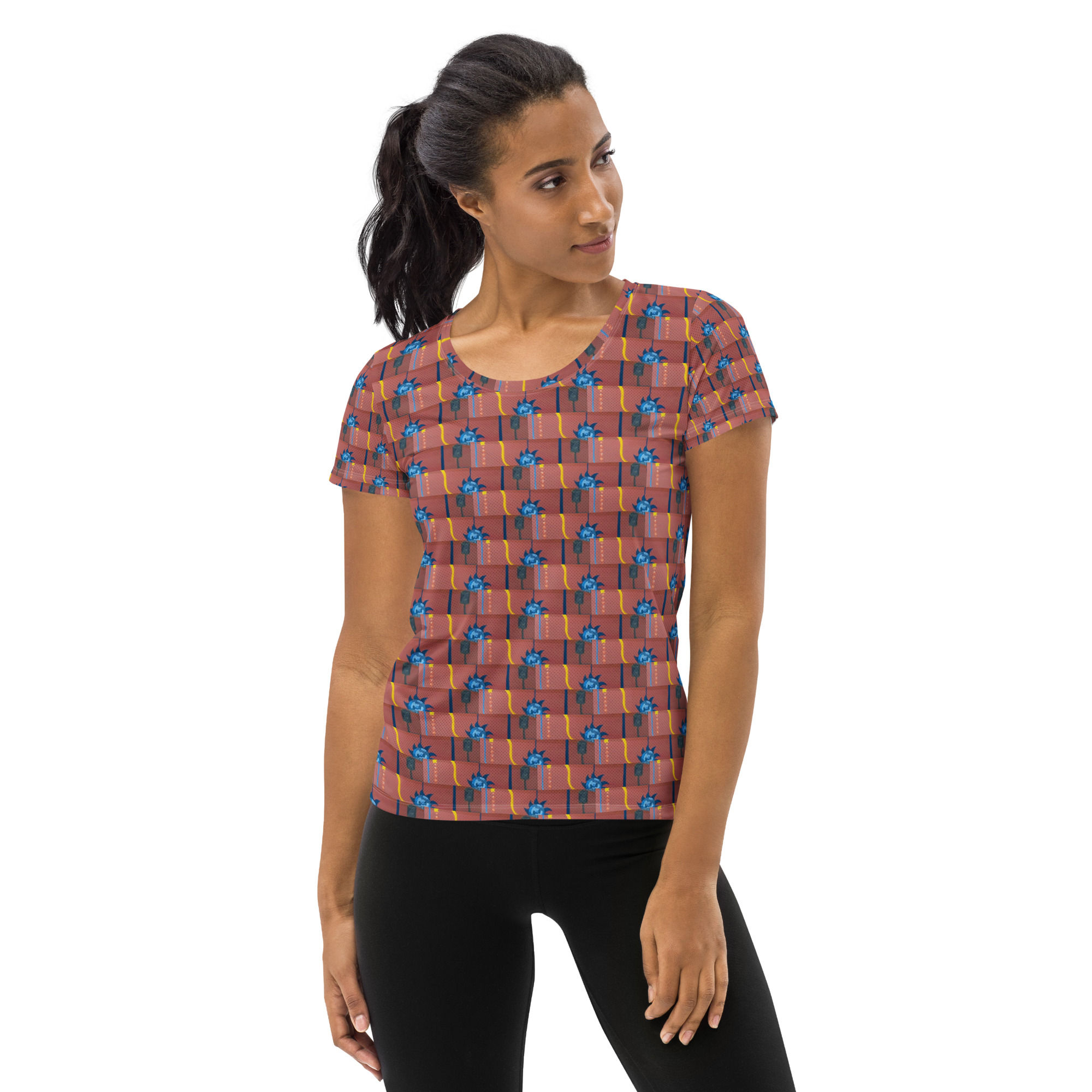 Young woman wearing Steampunk Wave - Women's Athletic T-shirt with patterned design.