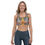 Thumbnail: Woman wearing In Pendulum sports bra with colorful abstract design smiling; ArtDivaArt