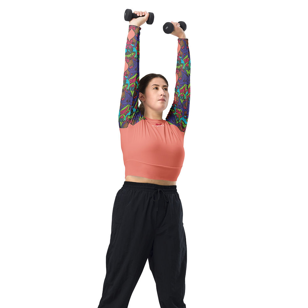 Thumbnail: Woman lifting weights with arms raised, wearing activewear on white backdrop.