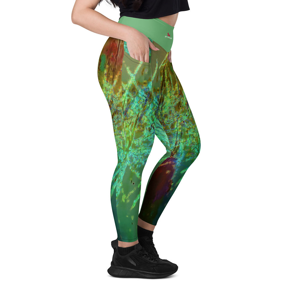 Thumbnail: Woman wearing colorful leggings SYMBOL I - Longline Sports Bra. ArtDivaArt design. 