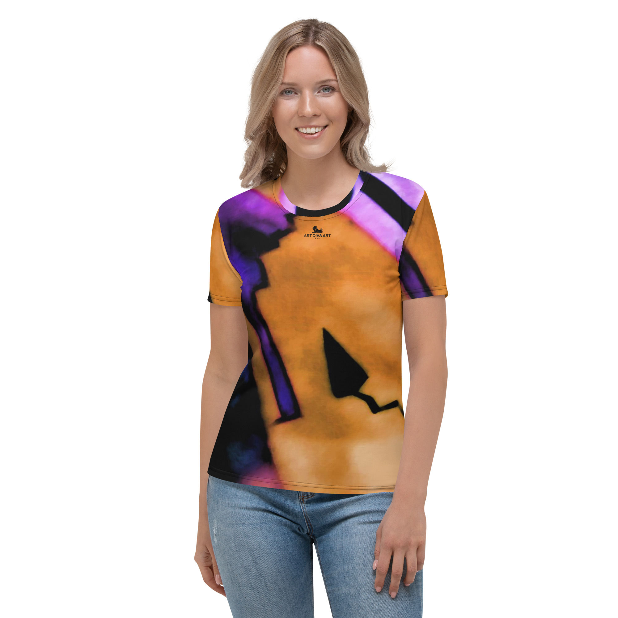 Smiling woman wearing orange and purple art t-shirt, Wawaezi - Women's T-shirt, jeans.
