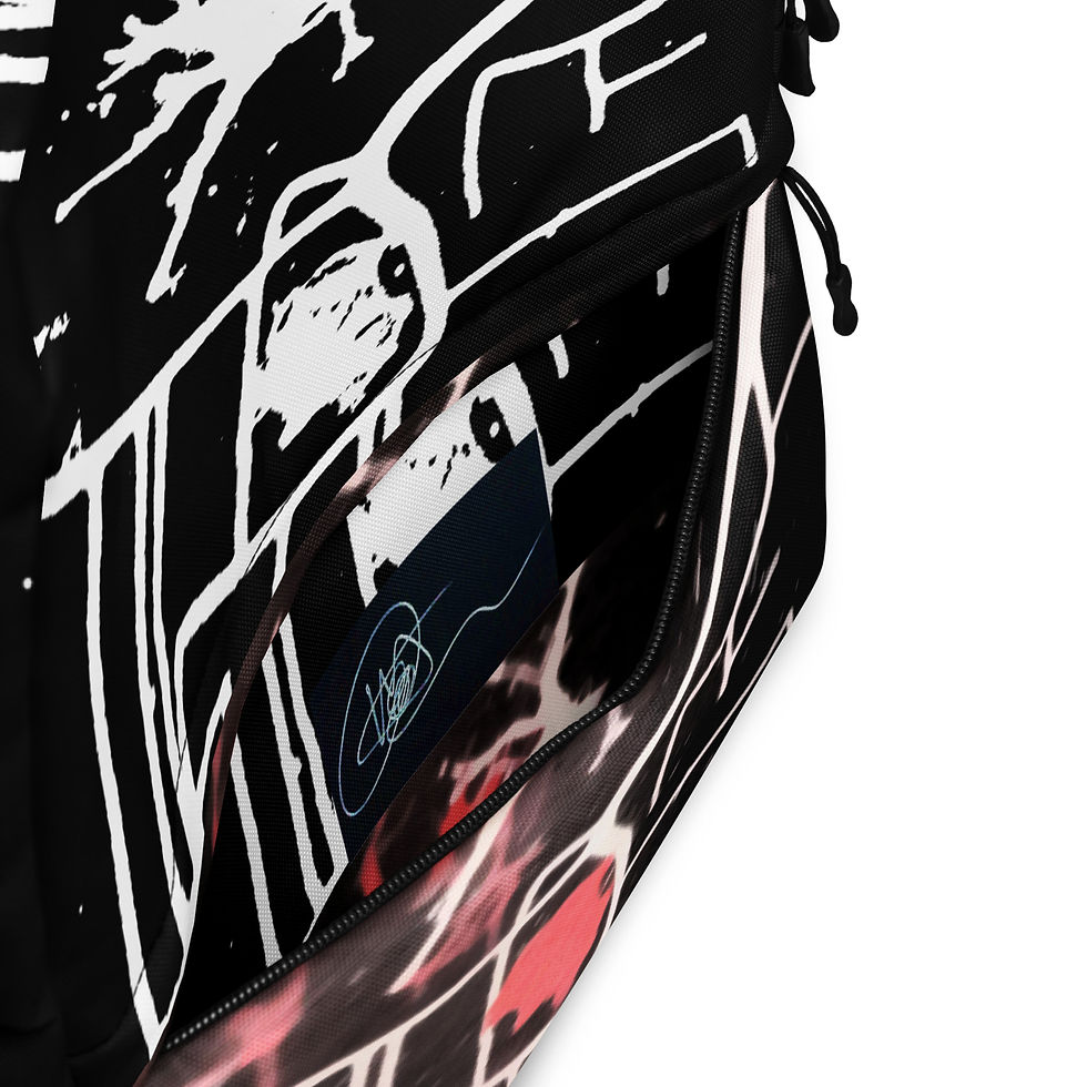 Thumbnail: Black backpack with white paint splatters and visible pocket, ArtDivaArt.