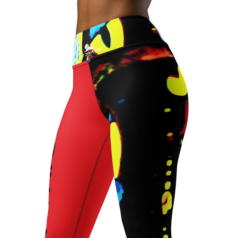 Thumbnail: Woman wearing colorful leggings; red and black with yellow patterns. ArtDivaArt