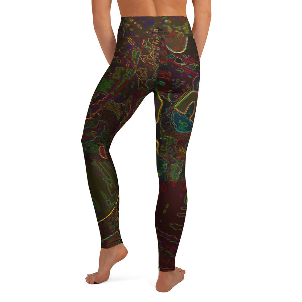 Thumbnail: Woman wearing colorful patterned yoga pants, standing, ArtDivaArt leggings.