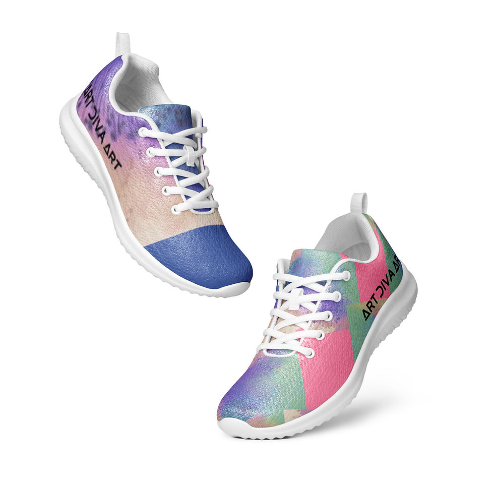 Colorful sneakers with text on them, with ArtDivaArt on a white background.