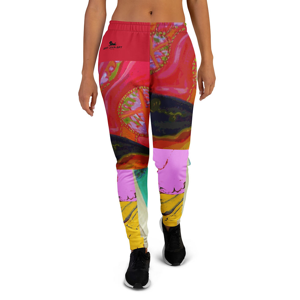 Woman wearing JIMMI SHIRT - Women's Joggers with colorful artwork, standing forward, ArtDivaArt.