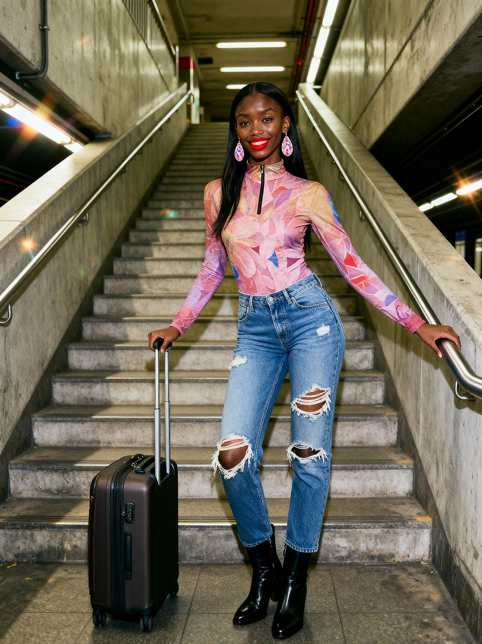 Woman poses on stairs with luggage. Inheritance VII WLS32 Jamie Black Top and blue jeans.
