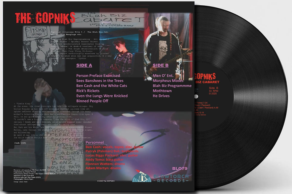 Thumbnail: Rear of vinyl mockup of debut album 'The Blah Biz Cabaret' from Galway's THE GOPNIKS.