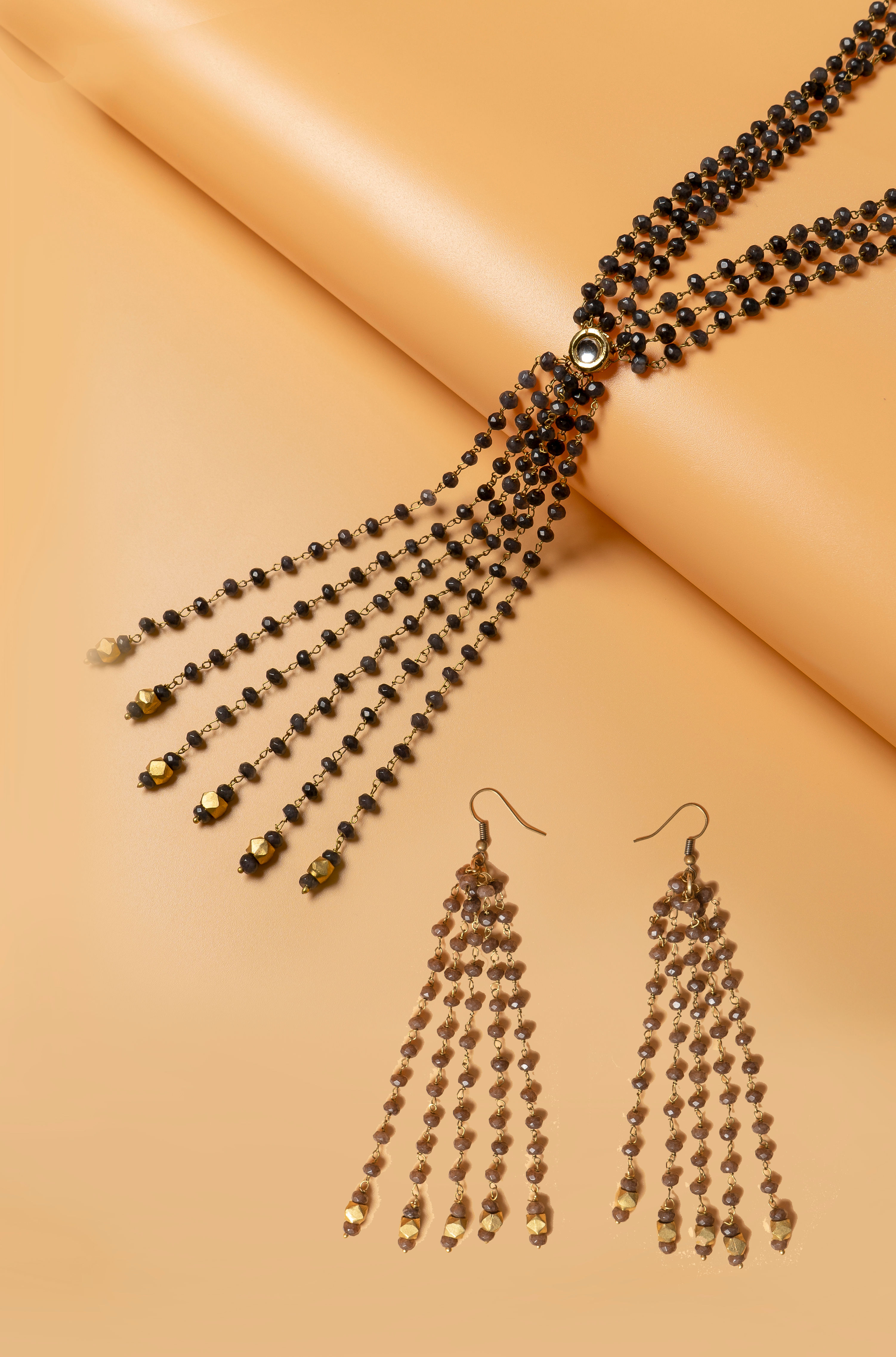 Set of Grey and  Brown Semiprecious Gemstone Necklace & Brass Earring