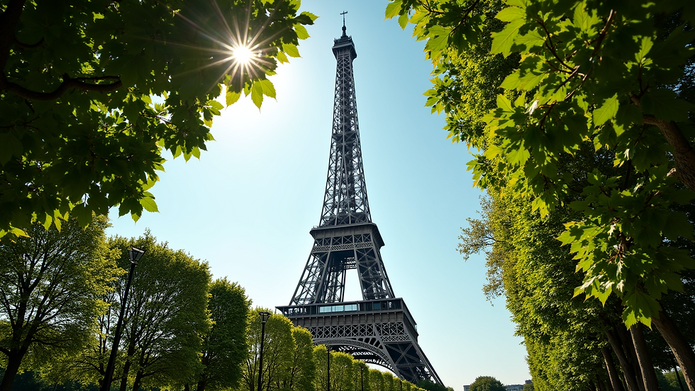 Eye-level view of the Eiffel Tower framed by lush green trees