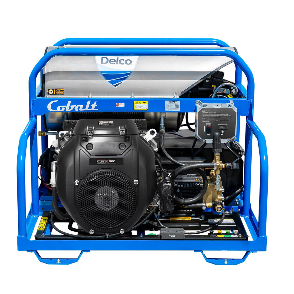 Thumbnail: Delco Cobalt 3500 PSI 5.5 GPM professional hot water pressure washer with belt drive system, V twin engine, stainless steel c
