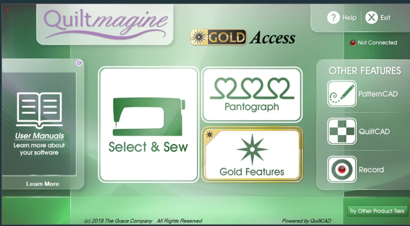 Home screen of Quiltmagine automation for Nolting longarm.