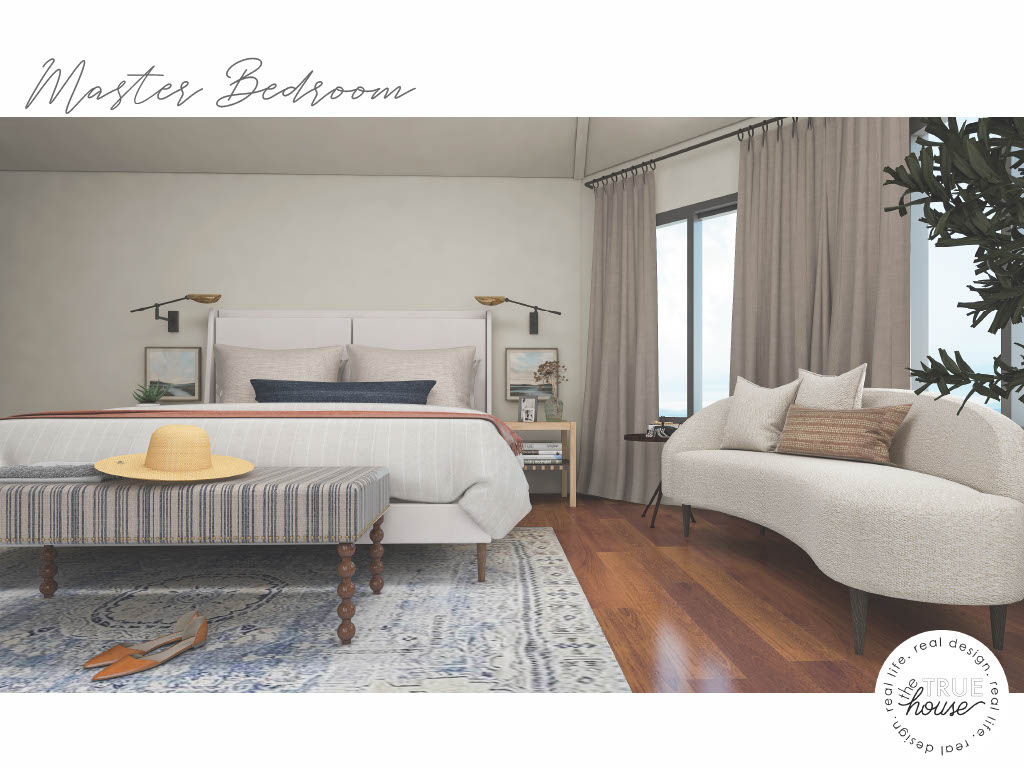 A digital render of a modern master bedroom with oak wood floors. A bed is placed in the middle of the room. On the left side of the room, another couch is positioned in front of two large windows, allowing natural light to fill the space. The room features clean lines and a minimalist style.