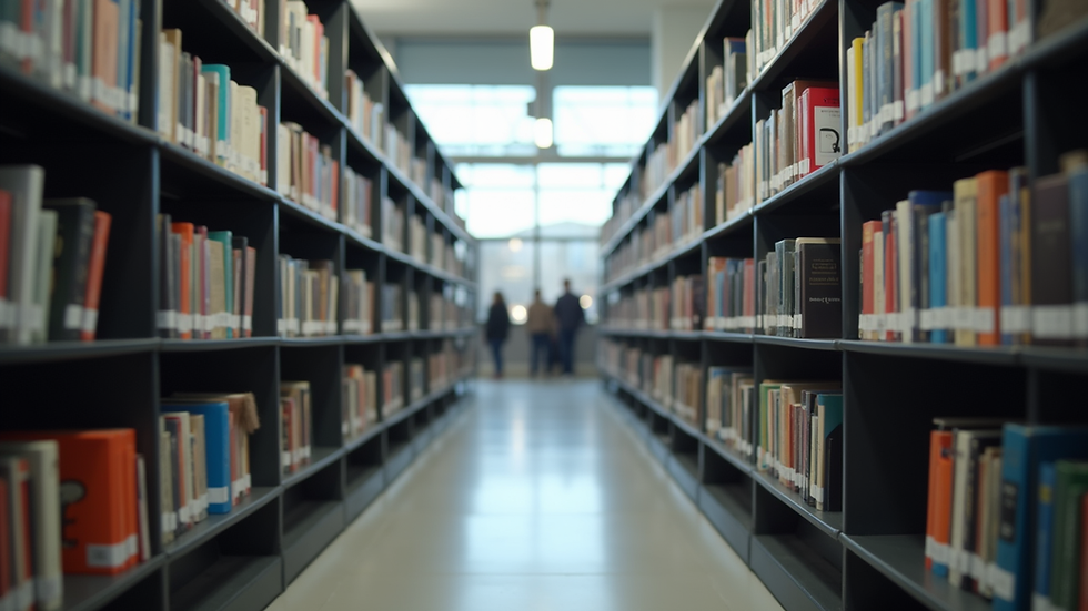 Eye-level view of a modern library with shelves filled with books on technology and ethics
