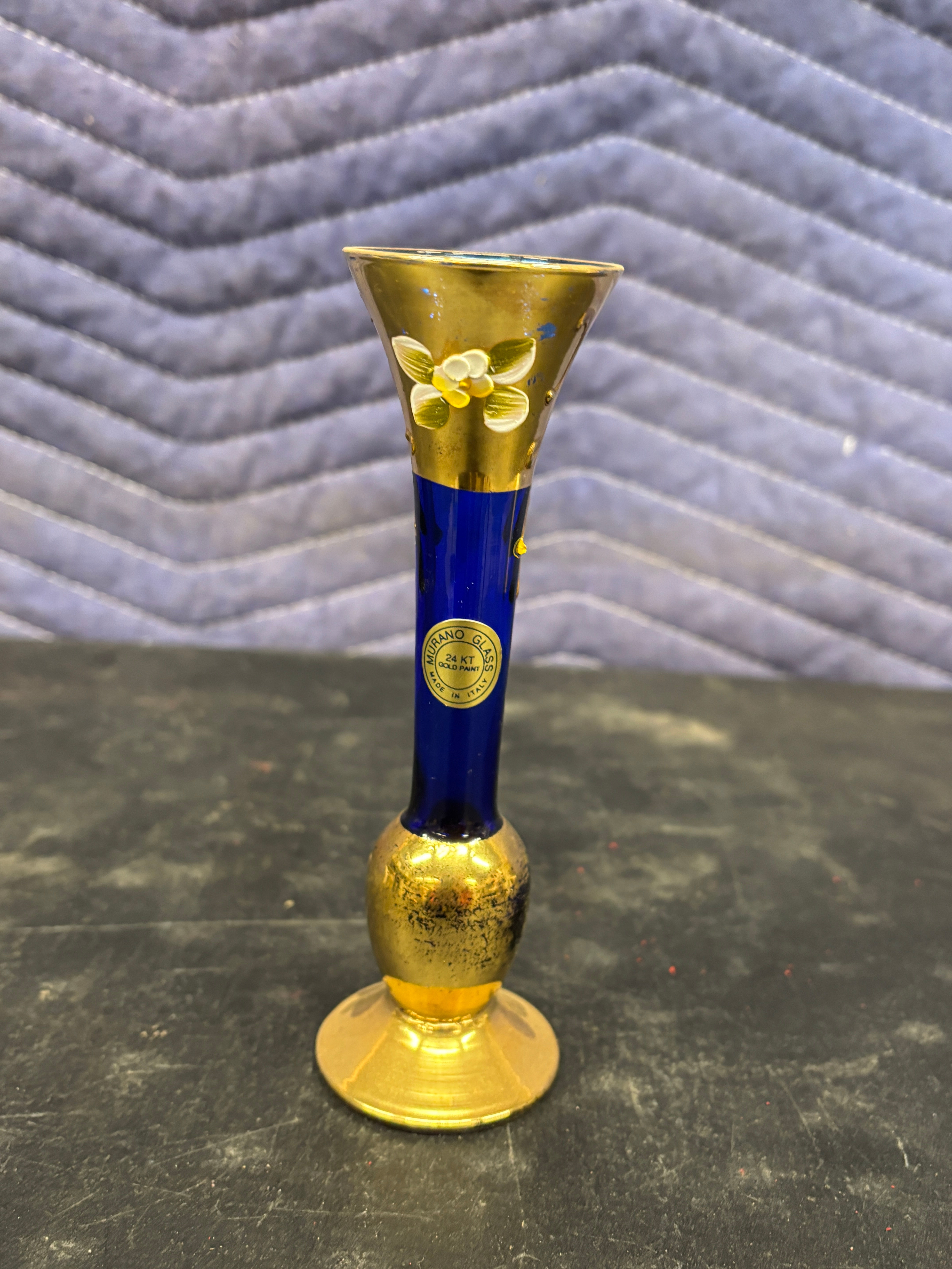 Blue Glass Candle Holder with 24kt Gold Paint
