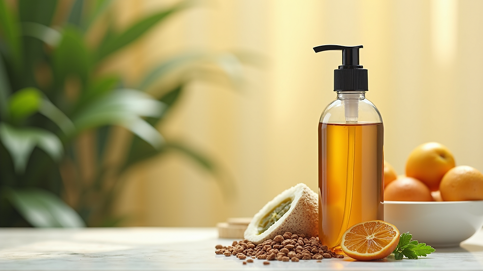 Close-up view of a bottle of organic shampoo with natural ingredients