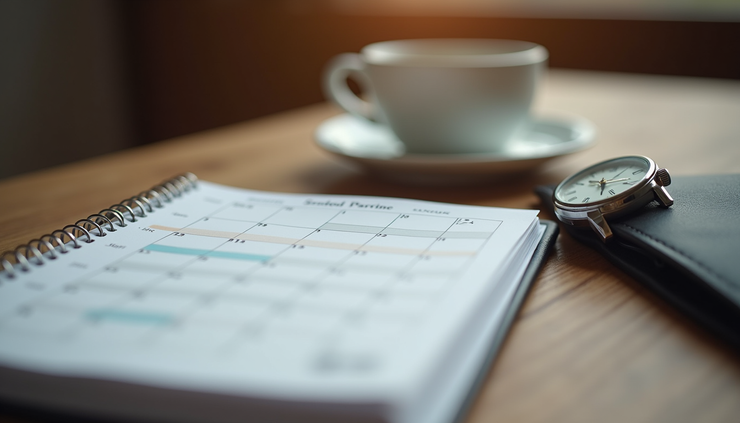 Close-up view of a wristwatch and a calendar planner on a wooden table
