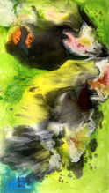 Abstract painting in acrylic & resin on wood panel, with yellow and black as prominent colors