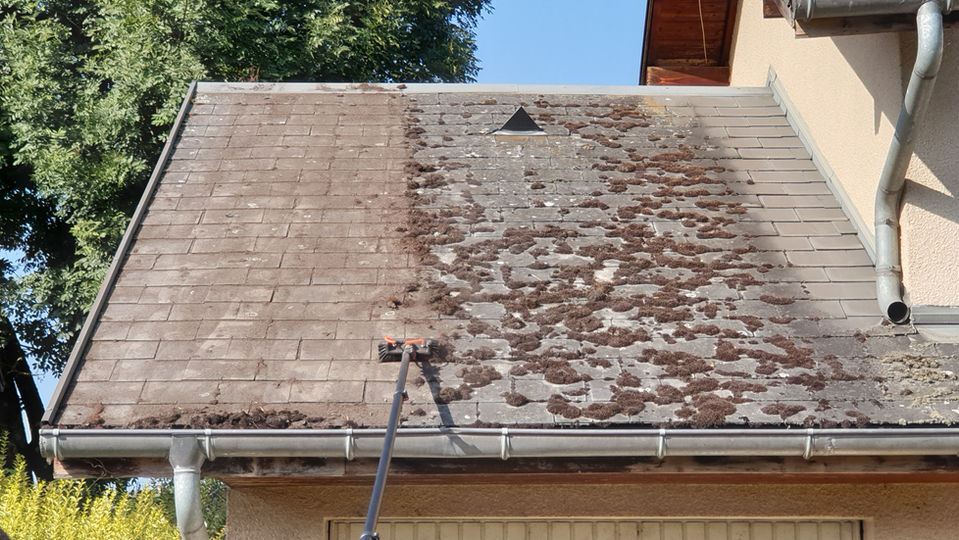 Grattage des mousses avant la pulvérisation par drone pour le nettoyage de toiture