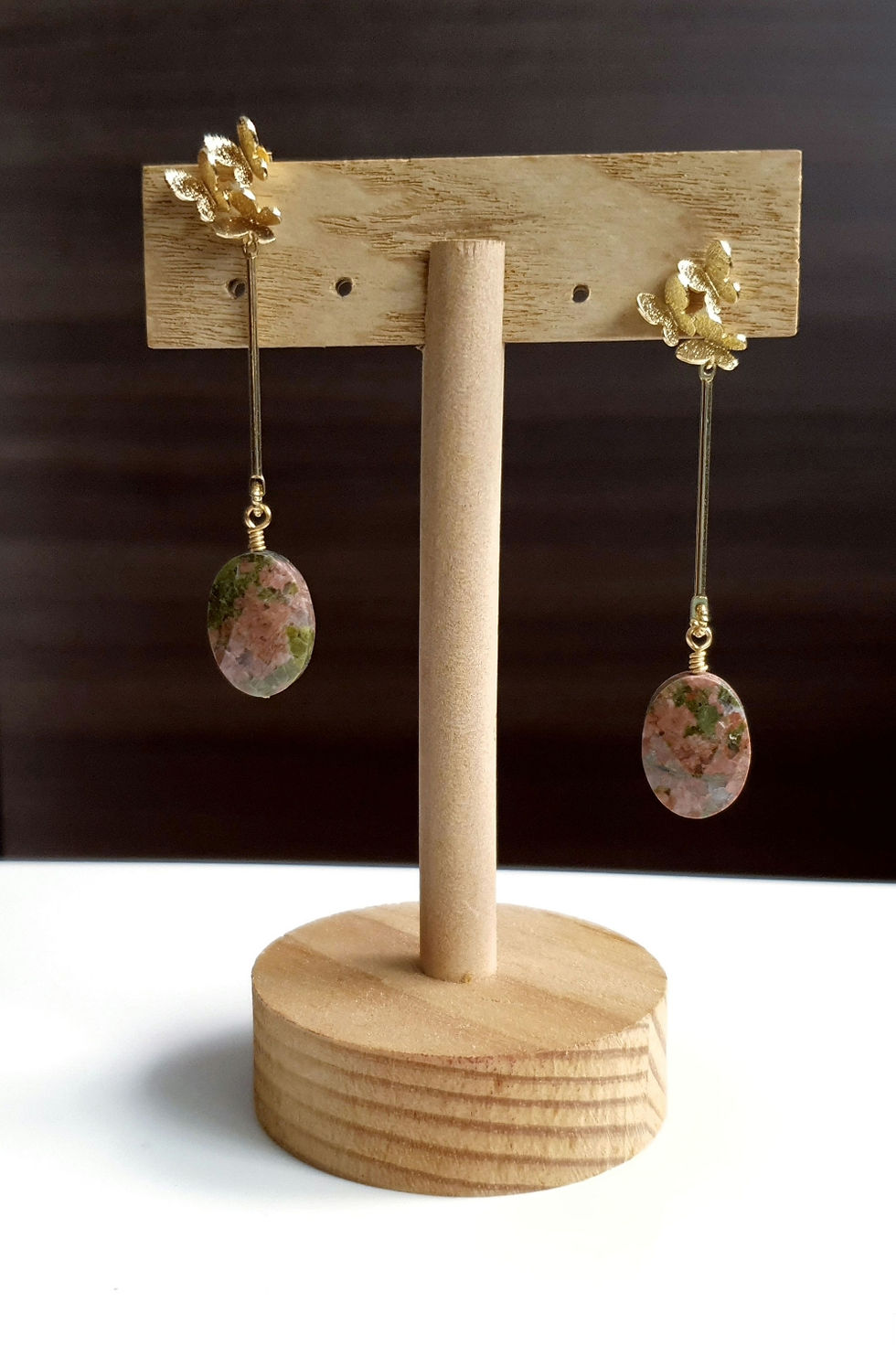 Thumbnail: Unakite Jasper oval pendulum earrings with butterflies ear posts