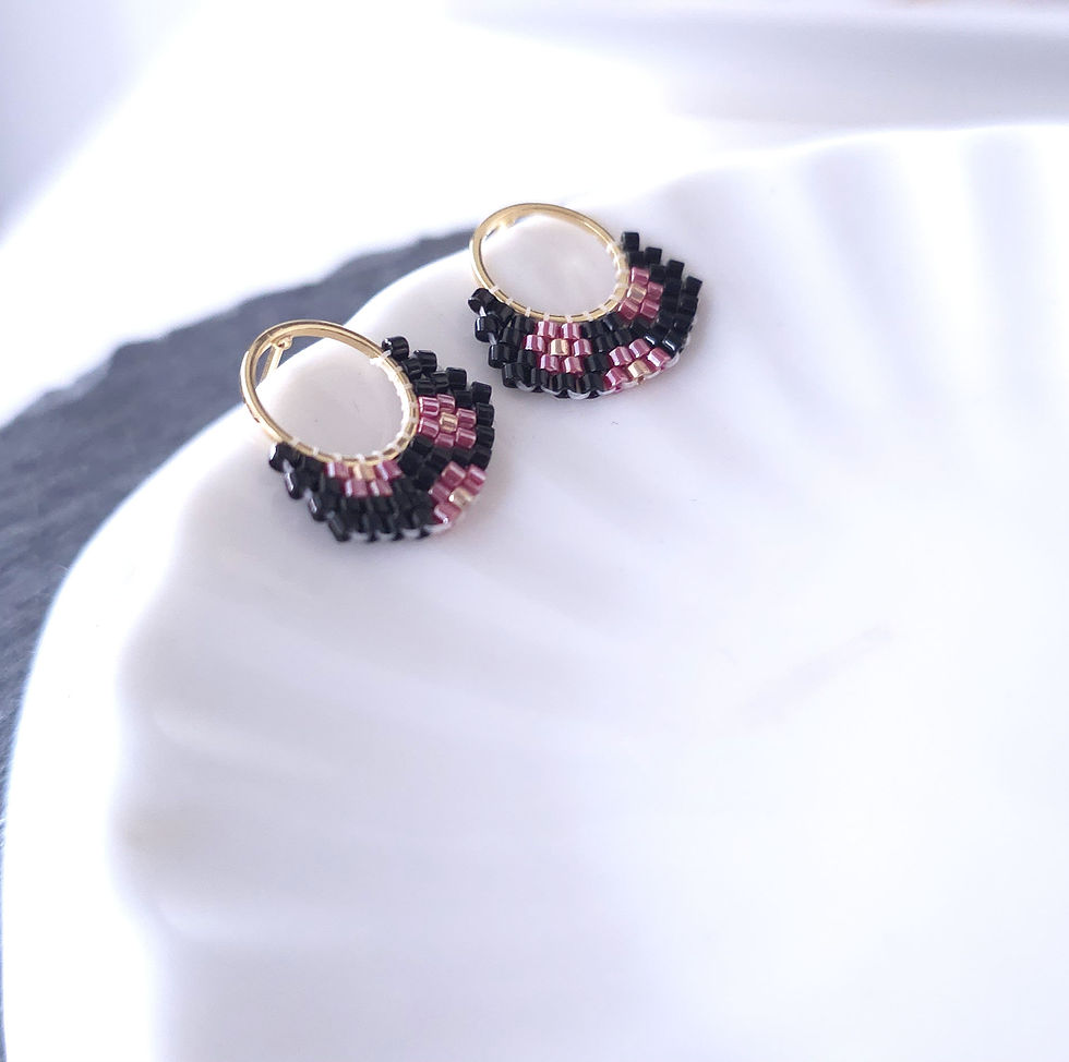 Thumbnail: Love Petals (Black and Pink) -  Hand Beaded Petite Hoops studs