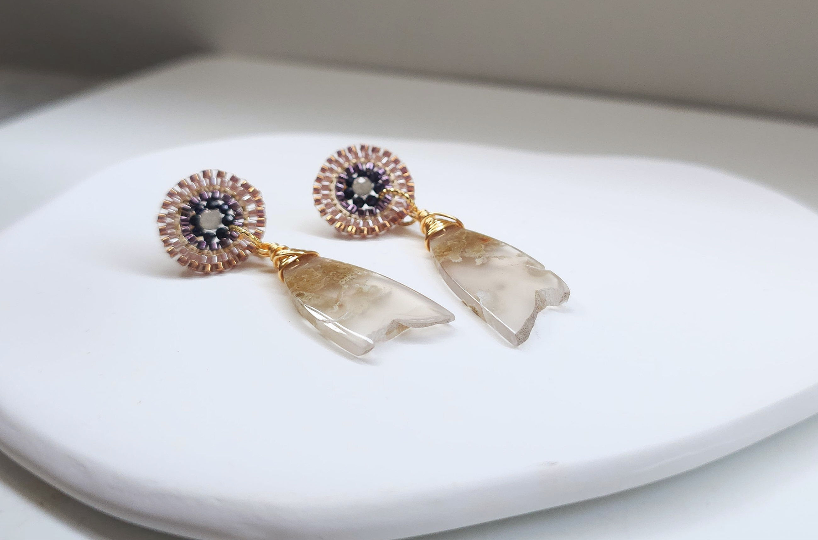 Petrified Wood Moss mineral stone earrings with beaded ear posts