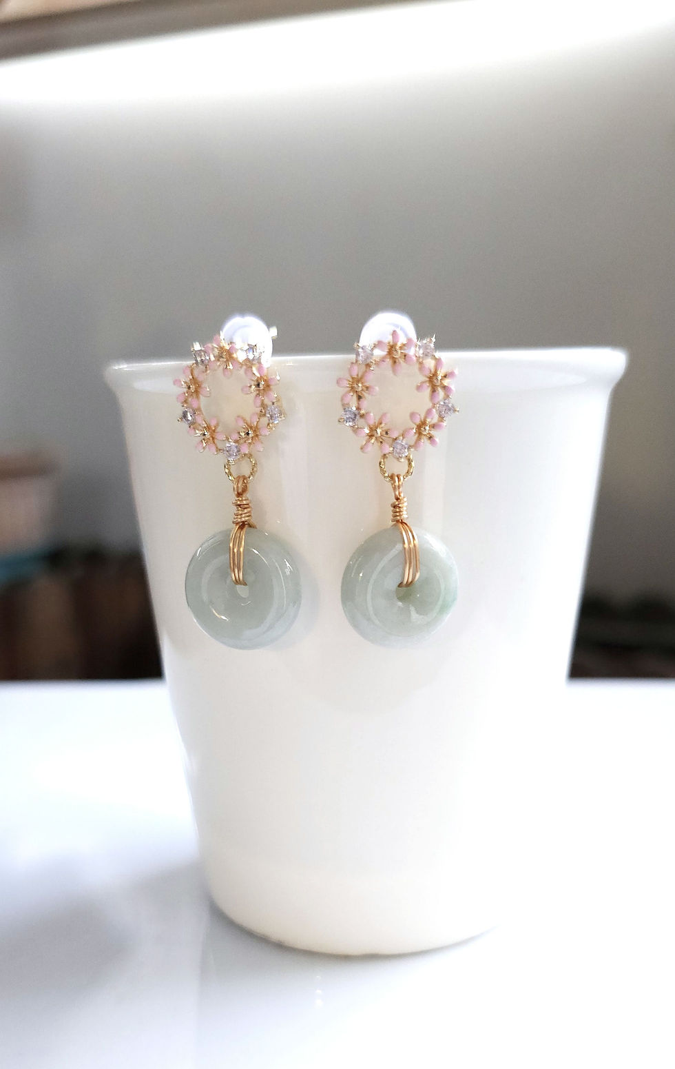 Petite light Green Jade earrings drops with pink floral zironia earpost