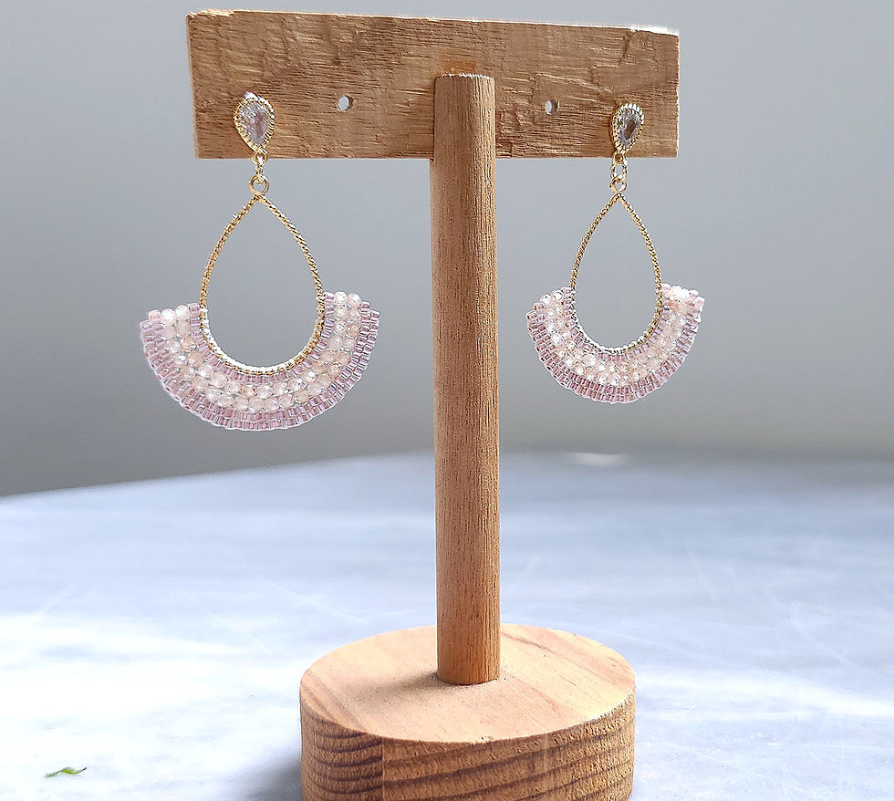 Thumbnail: Hand beaded hoop earrings with peach  crystal beads