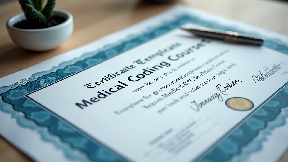 High angle view of a certificate of completion for a medical coding course