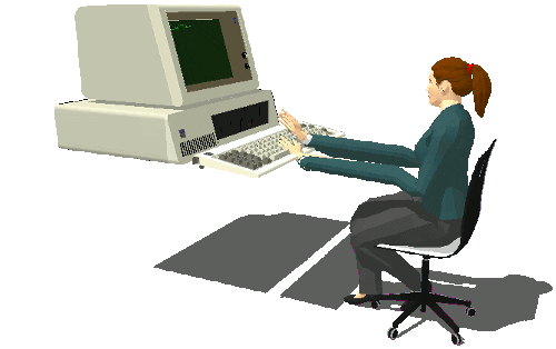 Humorous, lo-fi animation of woman with impossibly long arms using a computer.