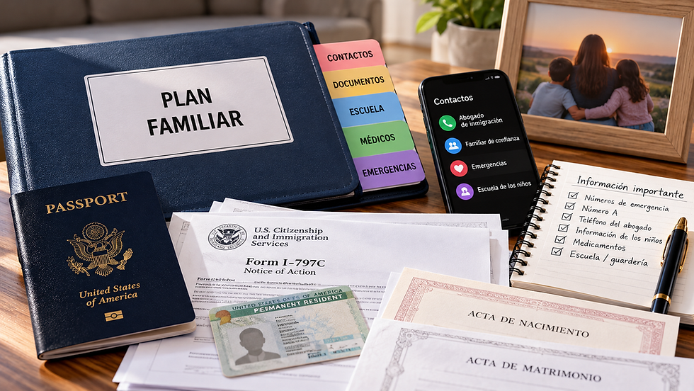 Plan familiar con pasaporte, documentos, teléfono y notas de emergencia sobre una mesa; foto familiar al fondo.