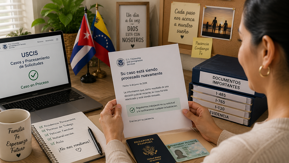 Mujer revisa carta de USCIS sobre caso reactivado; laptop muestra caso en proceso, con carpetas y banderas cubana y venezolana.