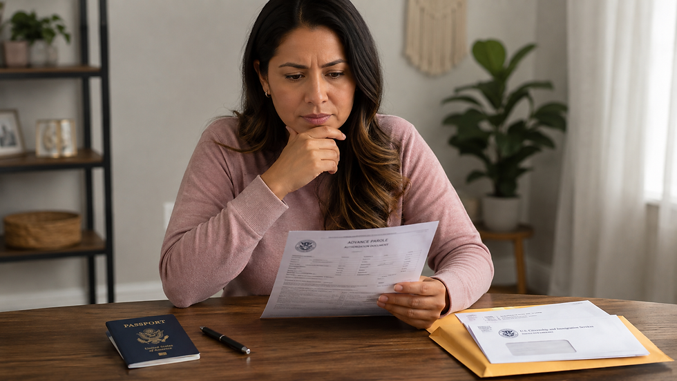 Mujer preocupada lee un formulario de inmigración; sobre la mesa hay un pasaporte, un bolígrafo y un sobre de USCIS.