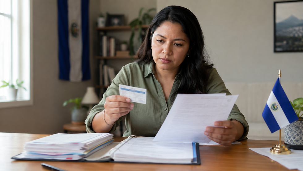 Mujer revisa una tarjeta y un documento en su escritorio; al fondo, bandera de El Salvador y ambiente serio.