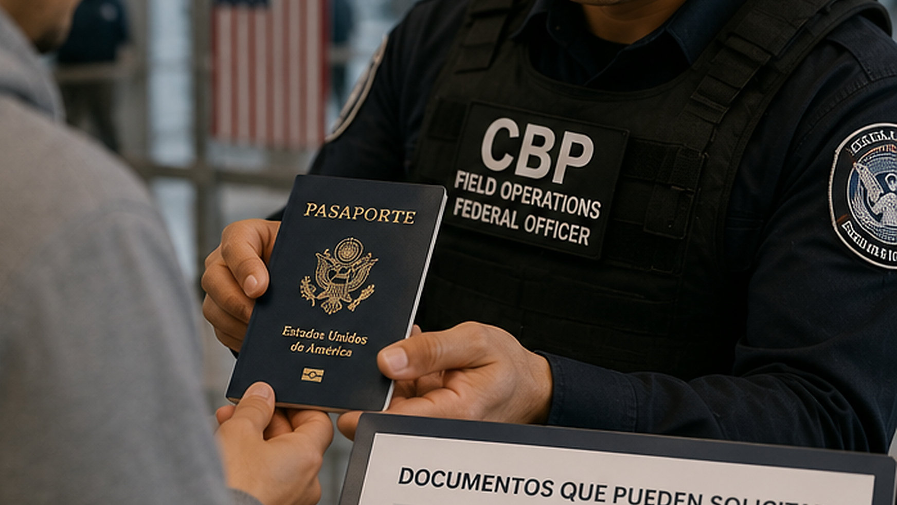 Agente de CBP entrega un pasaporte estadounidense; se ve un letrero de Documentos que pueden solicitar: en mostrador.