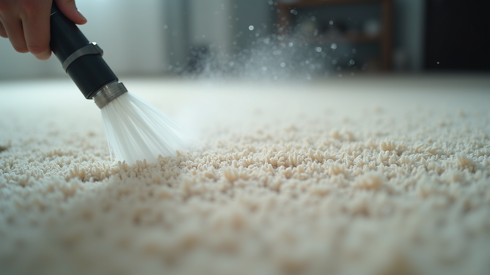 Close-up view of carpet fibers being cleaned with low-moisture method