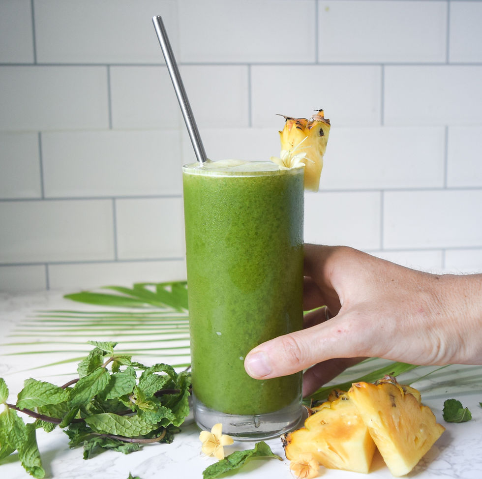 Green juice with a tropical pineapple & mint twist! It's healthy, detoxing, and oh-so-delicious! Try this fresh and fruity green juice for a powerful punch of nutrients. This juice supports a healthy diet and lifestyle. It's naturally sweet and refreshing - sip it with a smile!