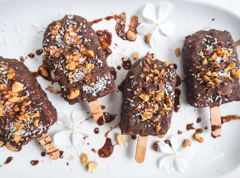 Healthy dessert popsicles! These vegan, dairy-free, nice-cream popsicles combine the classic combination of peanut butter and chocolate - YUM! Use wholesome and clean ingredients to ensure that your sweet treat still supports a healthy lifestyle! This recipe is simple to make and perfect to share with others or store in your freezer. Have this healthy snack or dessert already prepared for when your chocolate cravings come!