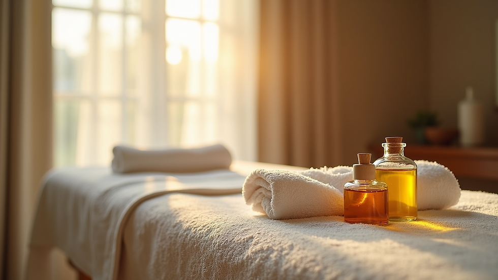 Close-up view of a massage table with aromatic oils and towels