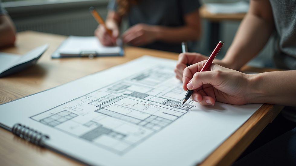 Close-up view of a student sketching a room layout during a design workshop