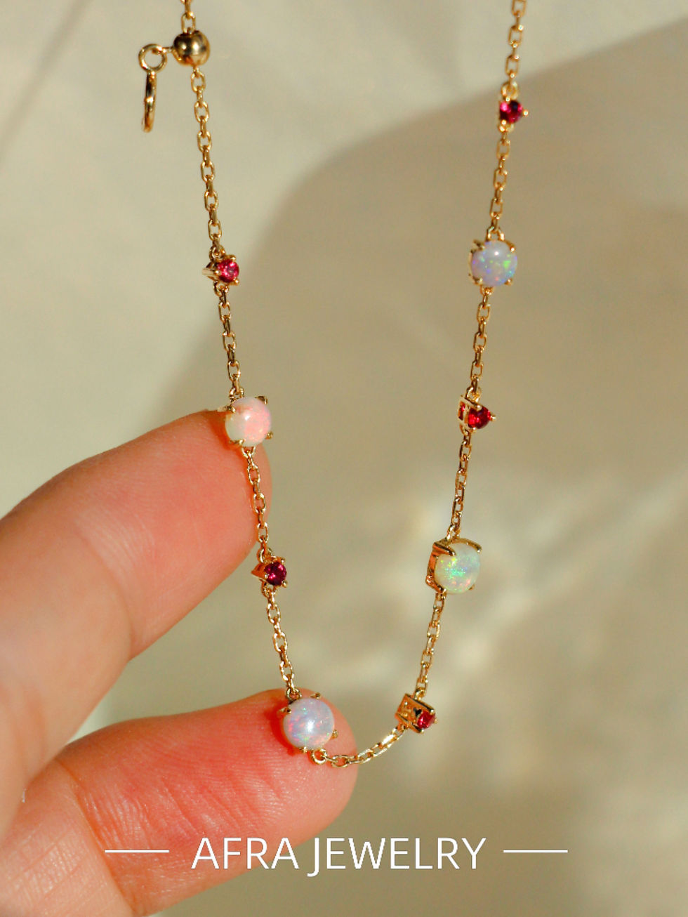 Thumbnail: 18K Gold White Opal Ruby Bracelet:  Adjustable Fine Jewelry